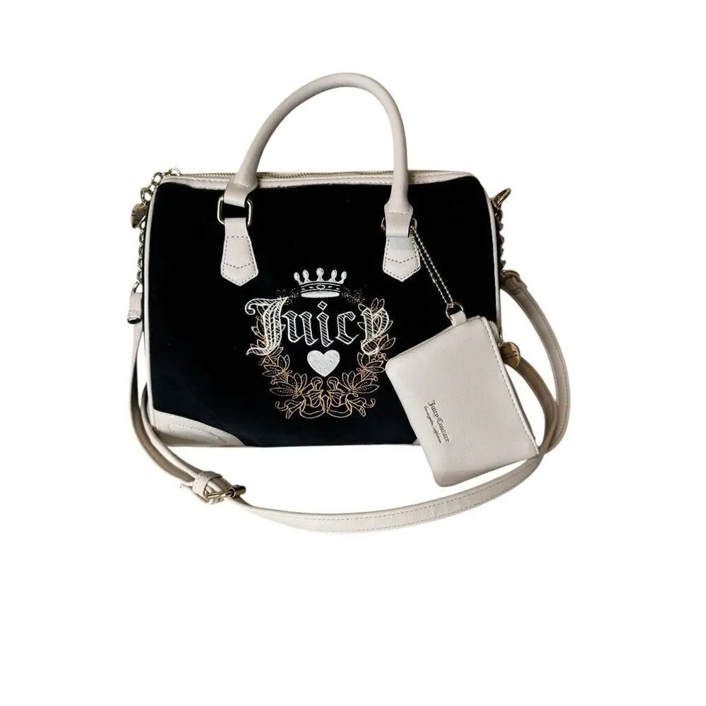 Juicy Couture Velour Heritage Satchel Purse Bag Black White Liquorice Angel Y2K